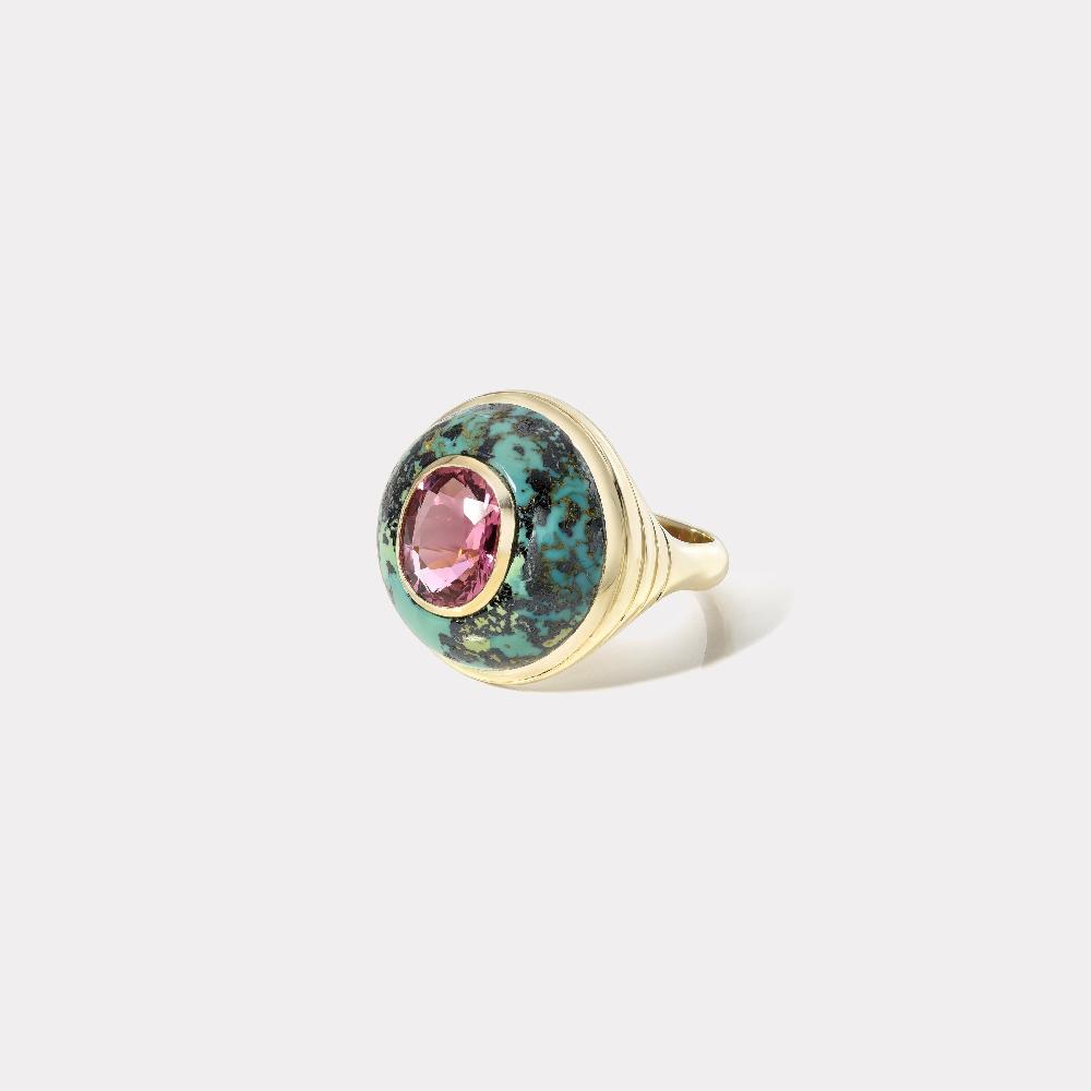 retrouvai 3.02ct Pink Tourmaline in Hand Carved Turquoise Lollipop Ring