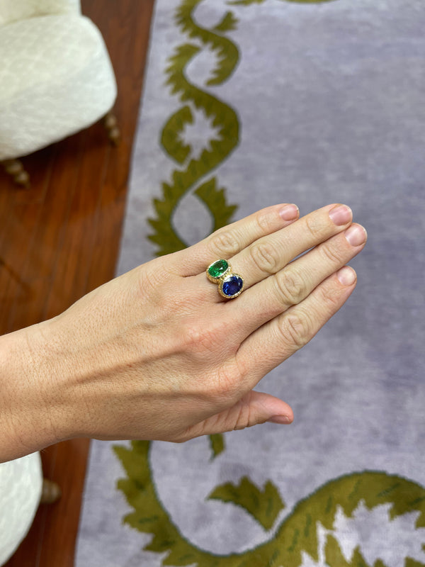 Retrouvai 3.05ct Tsavorite & 3.79ct Tanzanite Heirloom Bezel Ring