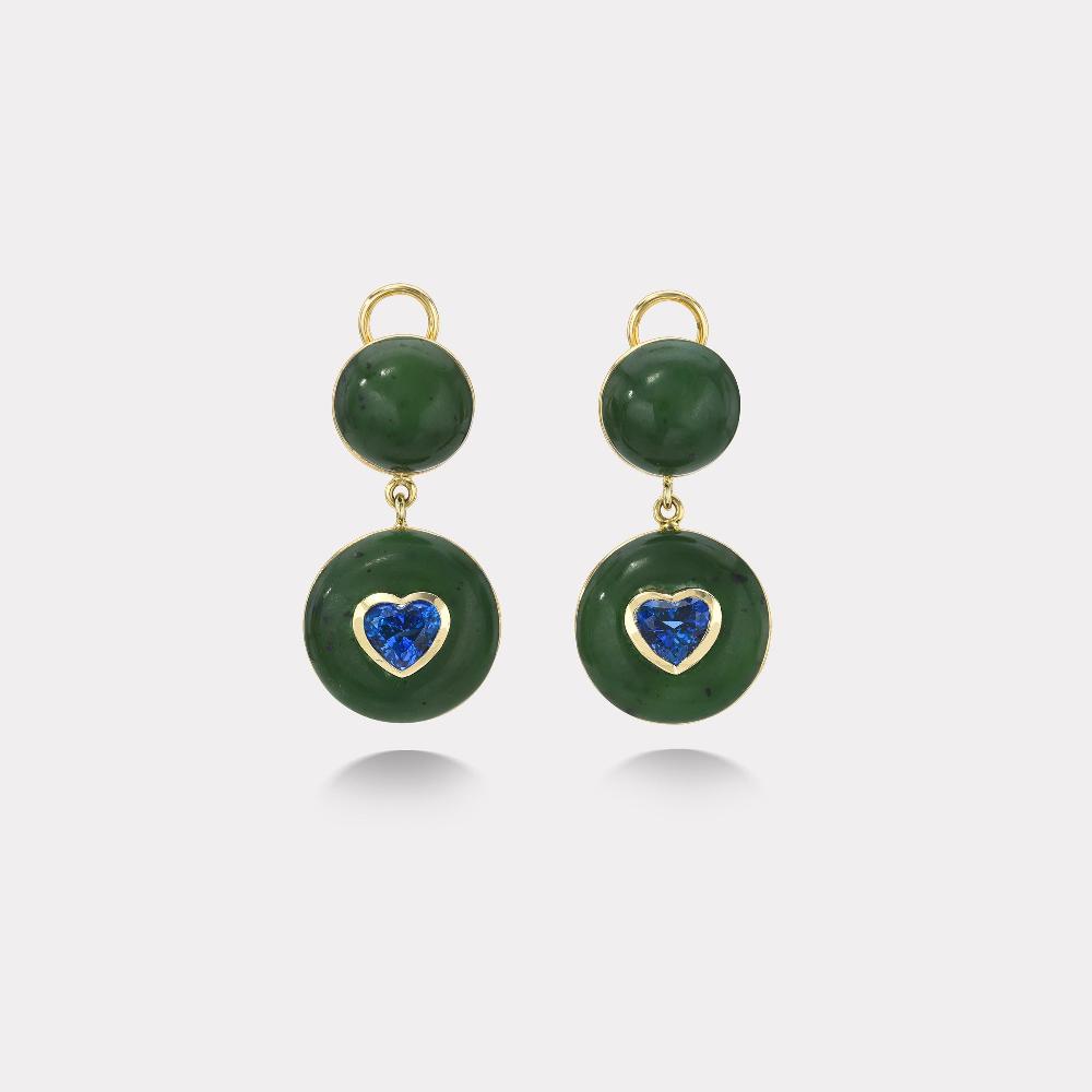 retrouvai 3.06ct Blue Sapphires Hearts in Nephrite Jade Lollipop Earrings