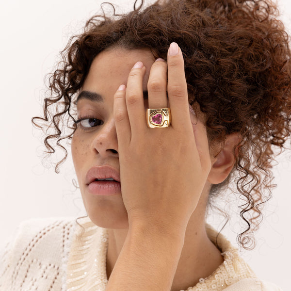 Retrouvai 3.12ct Heart Pink Tourmaline Impetus Interlocking Puzzle Ring