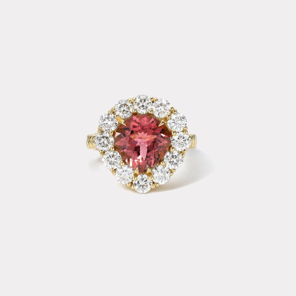 retrouvai 3.13ct Pear Pink Tourmaline and Diamond Heirloom Bezel Ring