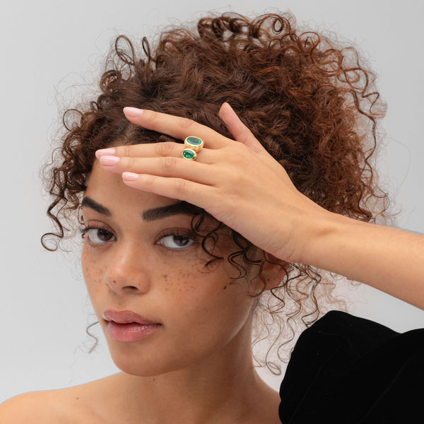 Retrouvai 3.24ct Oval Emerald Center And 2.33ct Oval Emerald Side Stones Heirloom Bubble Ring