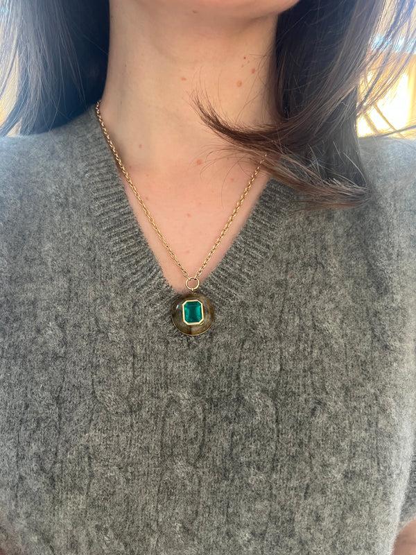 Retrouvai 3.28ct Emerald Cut Emerald In Labradorite Lollipop Pendant