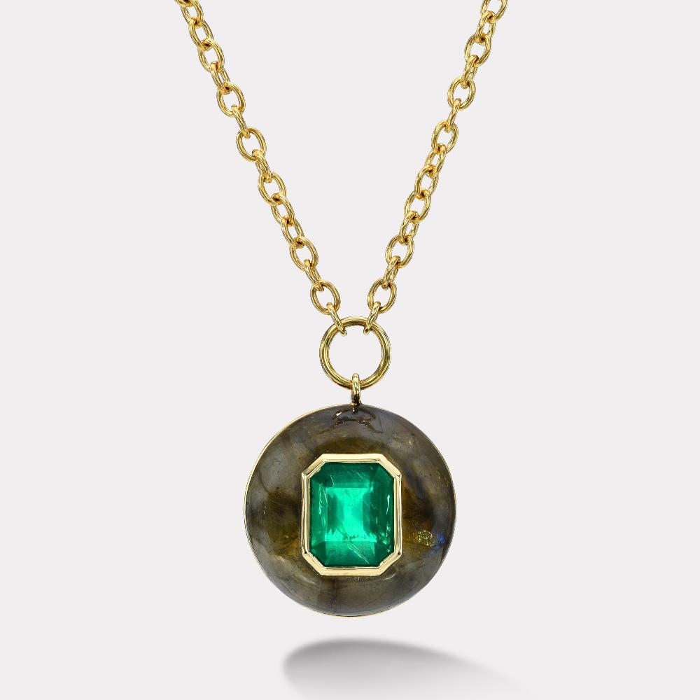 retrouvai 3.28ct Emerald Cut Emerald in Labradorite Lollipop Pendant
