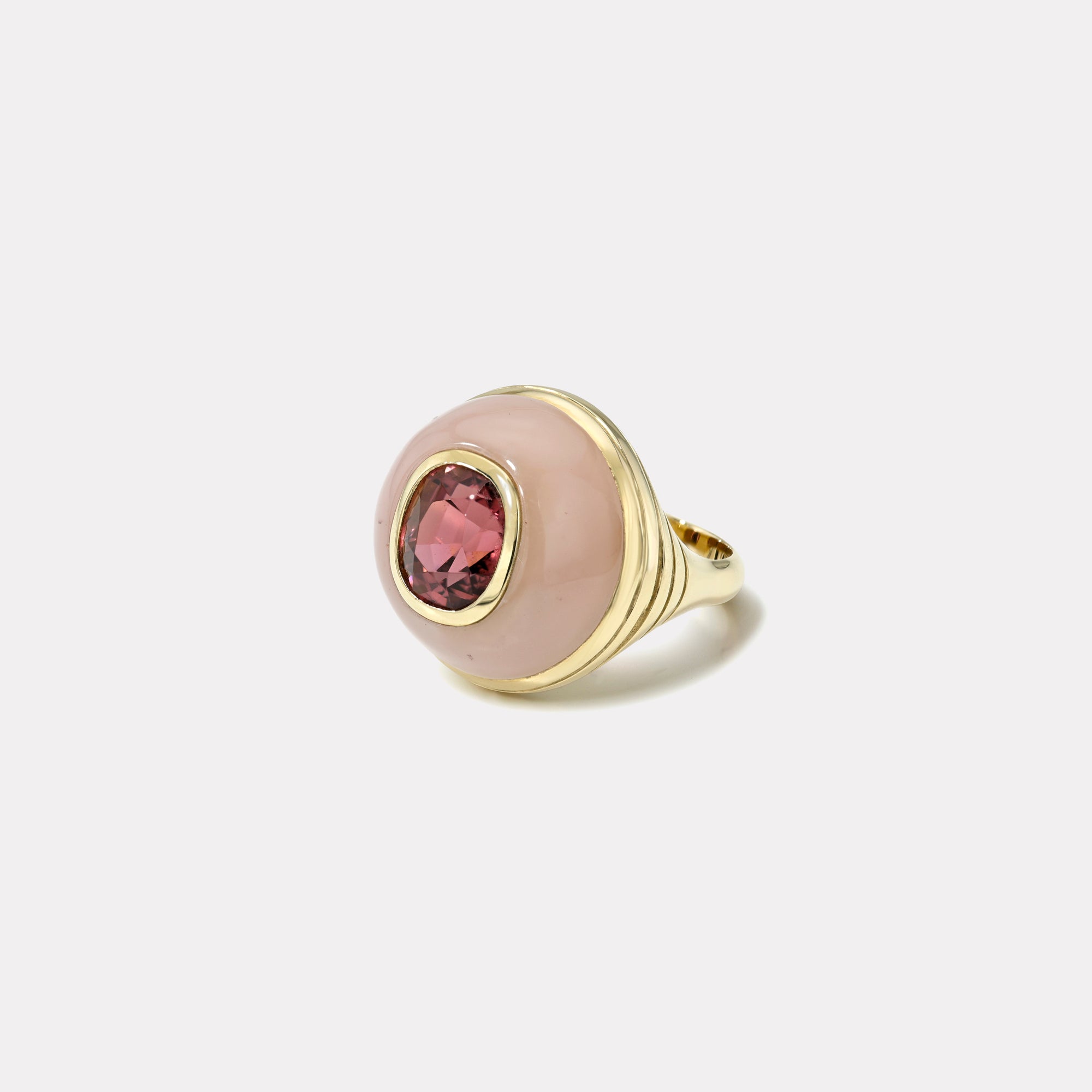 retrouvai 3.32ct Oval Pink Tourmaline in Hand Carved Guava Quartz Petite Lollipop Ring