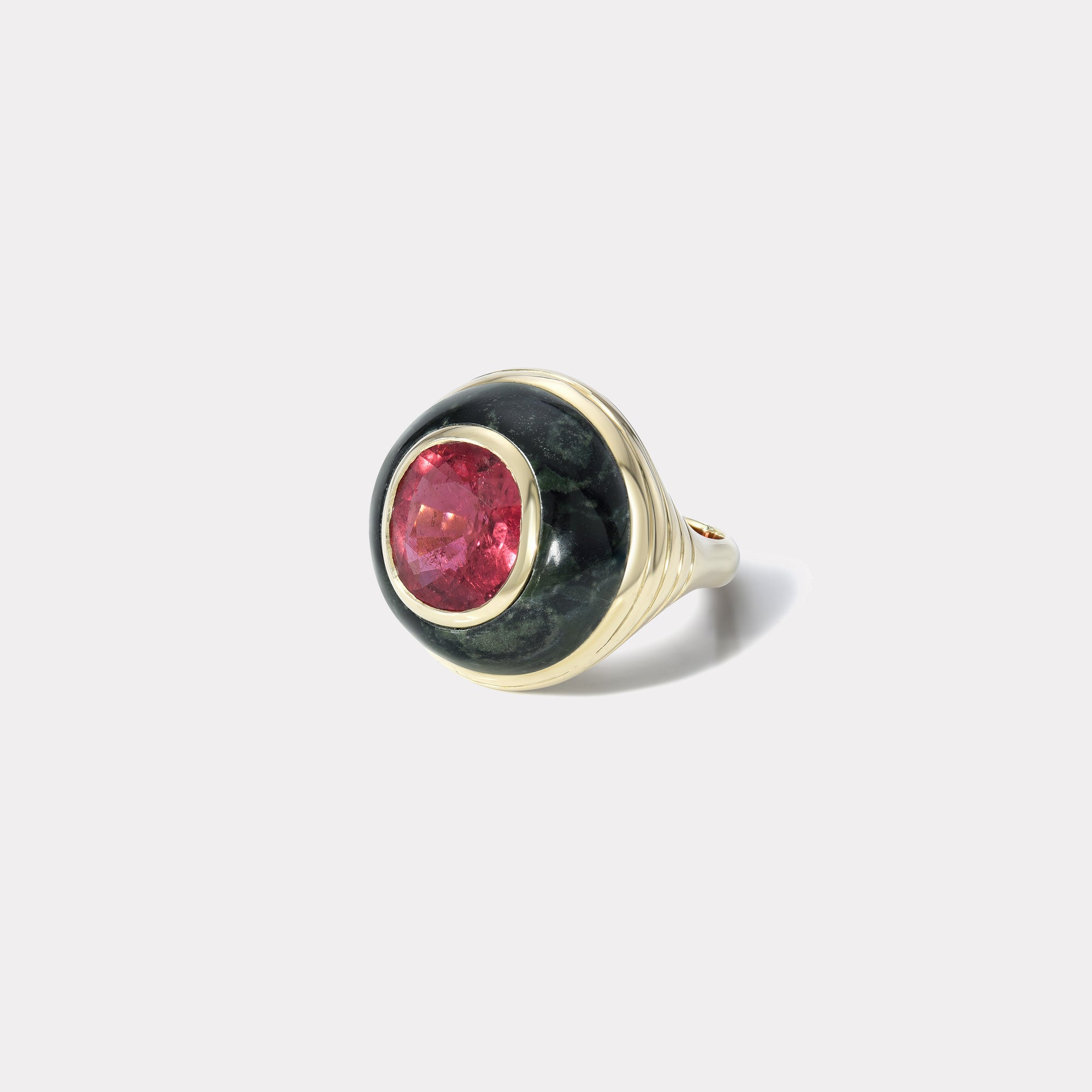 retrouvai 3.32ct Oval Pink Tourmaline in Hand Carved Spotted Jasper Petite Lollipop Ring
