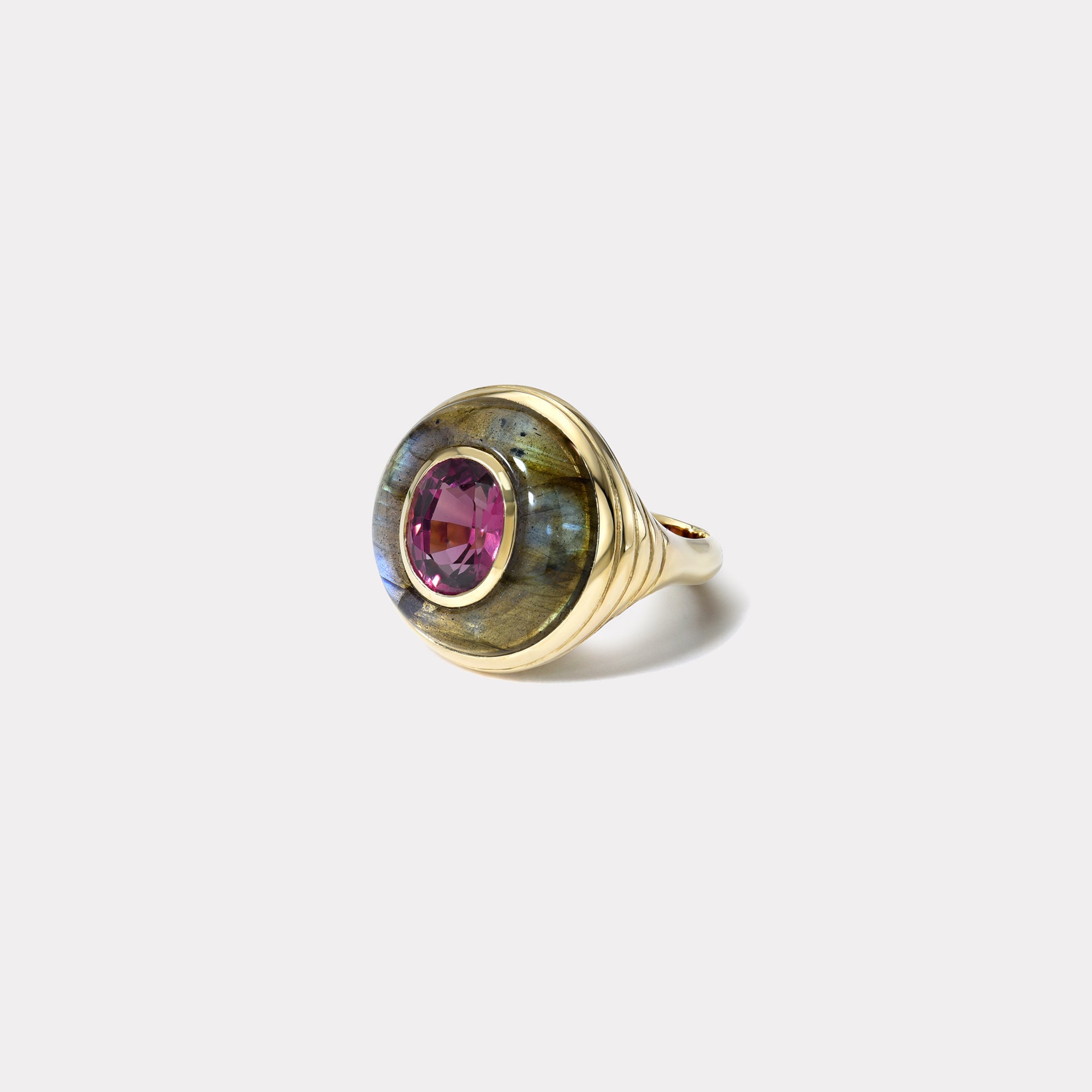 retrouvai 3.40ct Rhodolite Garnet in Hand Carved Labradorite Petite Lollipop Ring