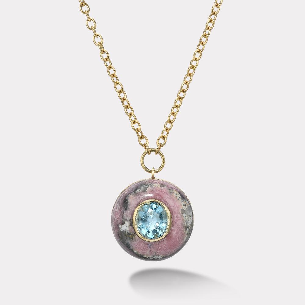 retrouvai 3.40ct Round Aquamarine in Hand Carved Rhodochrosite Lollipop Pendant