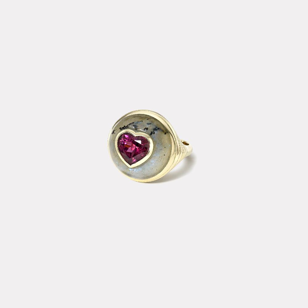 retrouvai 3.42ct Heart Garnet in Hand Carved Labradorite Petite Lollipop Ring