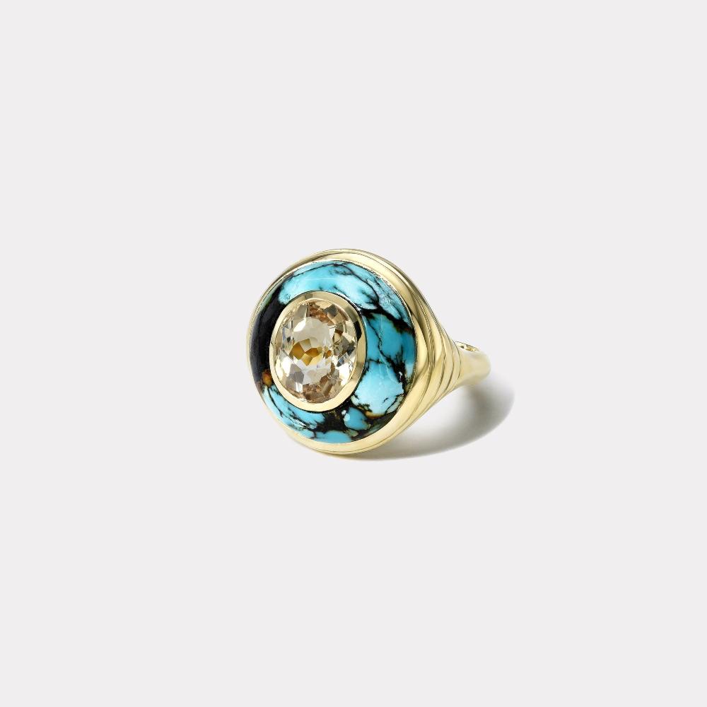 retrouvai 3.4ct Champagne Tourmaline in Hand Carved Turquoise Petite Lollipop Ring