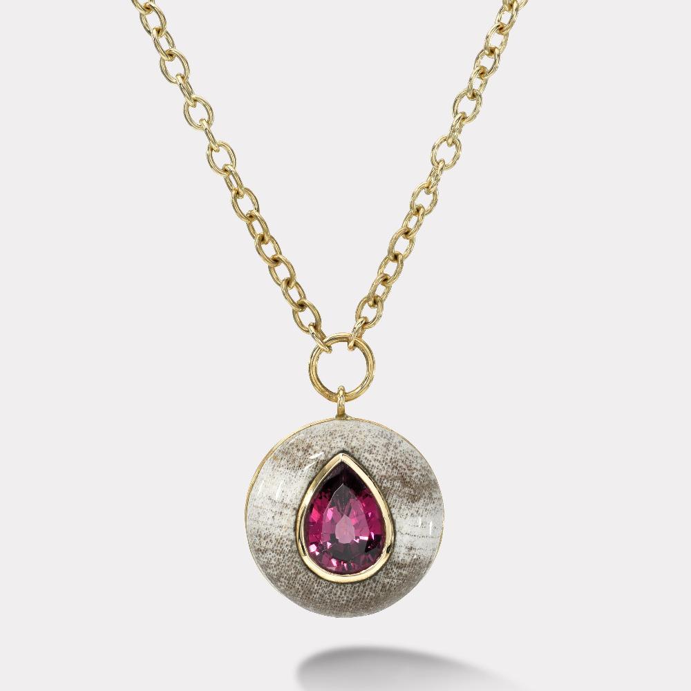 retrouvai 3.4ct Pear Rhodolite Garnet in Petrified Wood Lollipop Pendant