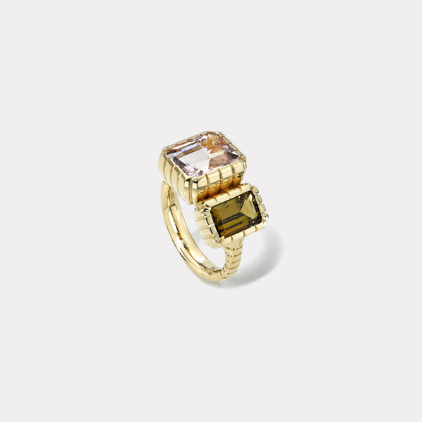 Retrouvai 3.57ct Emerald Cut Morganite And 2.06ct Tanzanite Double Stone Heirloom Bezel Ring