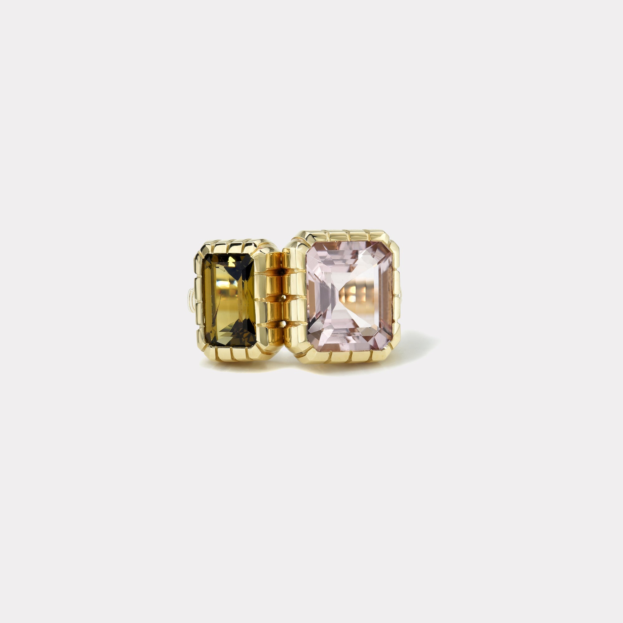 retrouvai 3.57ct Emerald Cut Morganite and 2.06ct Tanzanite Double Stone Heirloom Bezel Ring