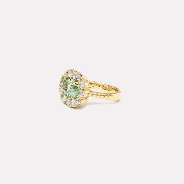 Retrouvai 3.63ct Oval Mint Green Tourmaline Diamond Heirloom Bezel Ring