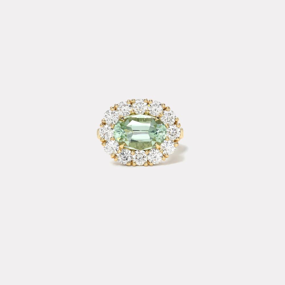 retrouvai 3.63ct Oval Mint Green Tourmaline Diamond Heirloom Bezel Ring