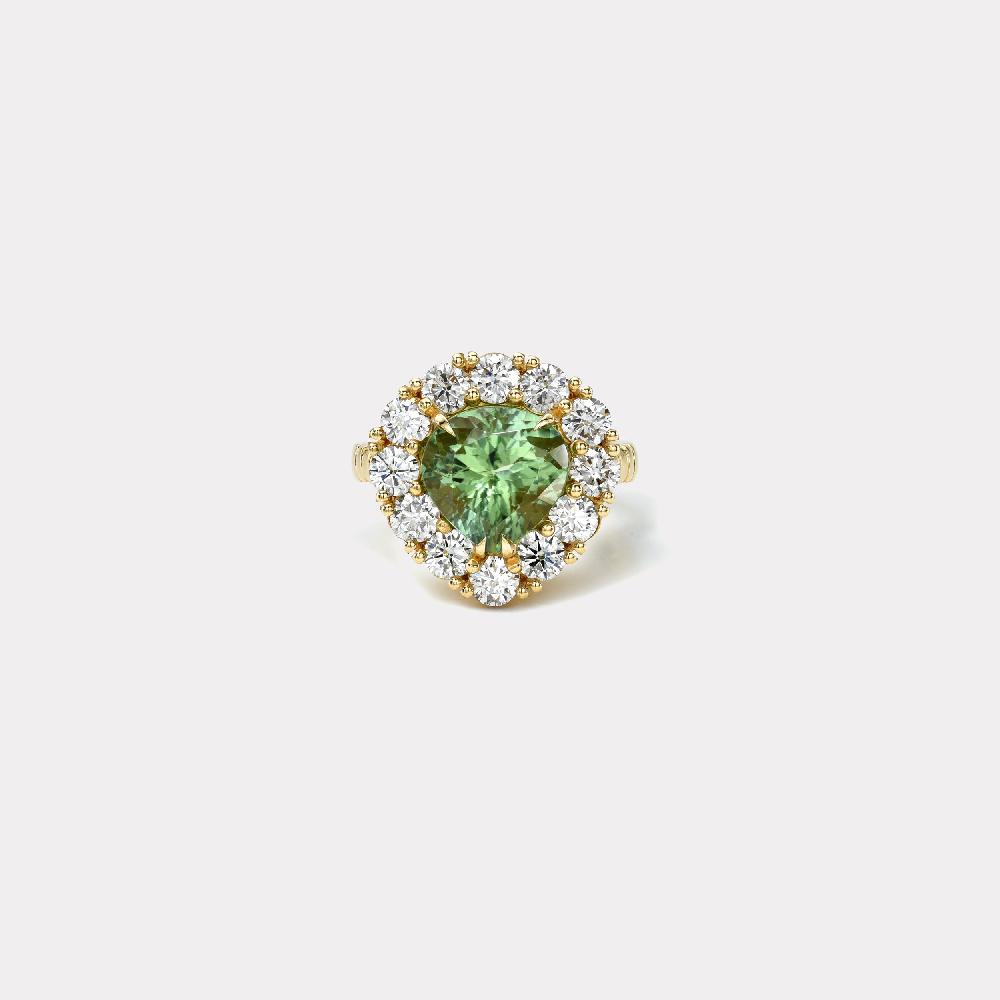 retrouvai 3.67ct Pear Green Tourmaline and Diamond Heirloom Bezel Ring