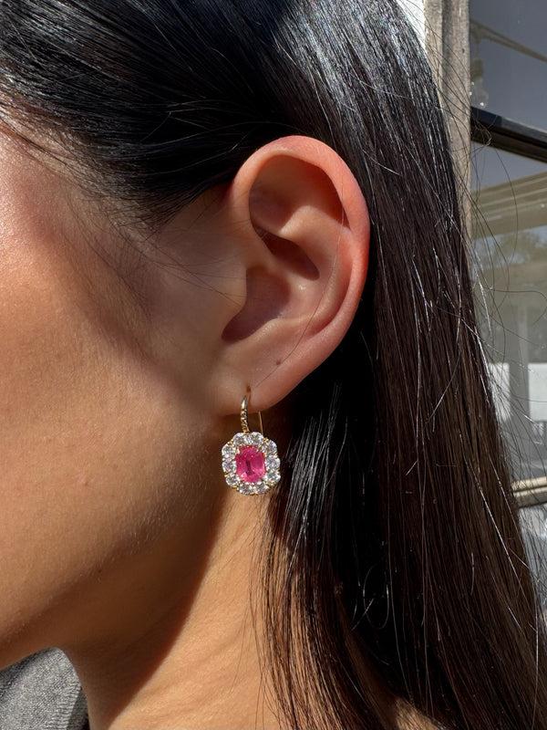 Retrouvai 3.6ct Cushion Mahenge Spinel With Diamond Halo Heirloom Bezel Earrings