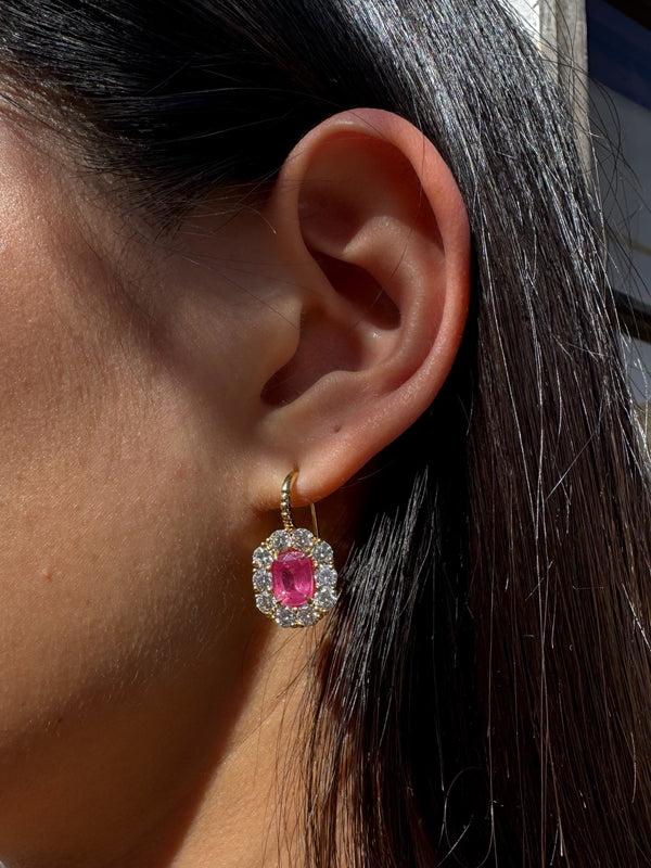 Retrouvai 3.6ct Cushion Mahenge Spinel With Diamond Halo Heirloom Bezel Earrings