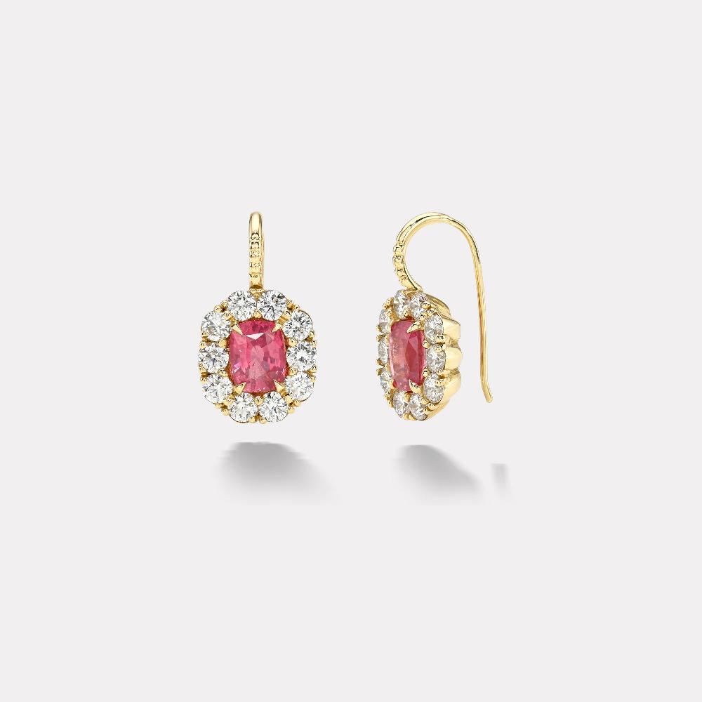 retrouvai 3.6ct Cushion Mahenge Spinel with Diamond Halo Heirloom Bezel Earrings