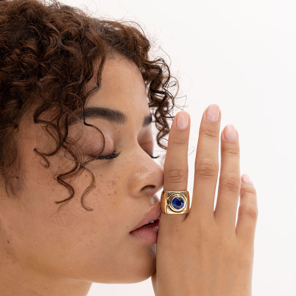 Retrouvai 3.70ct Round Blue Sapphire Impetus Interlocking Puzzle Ring