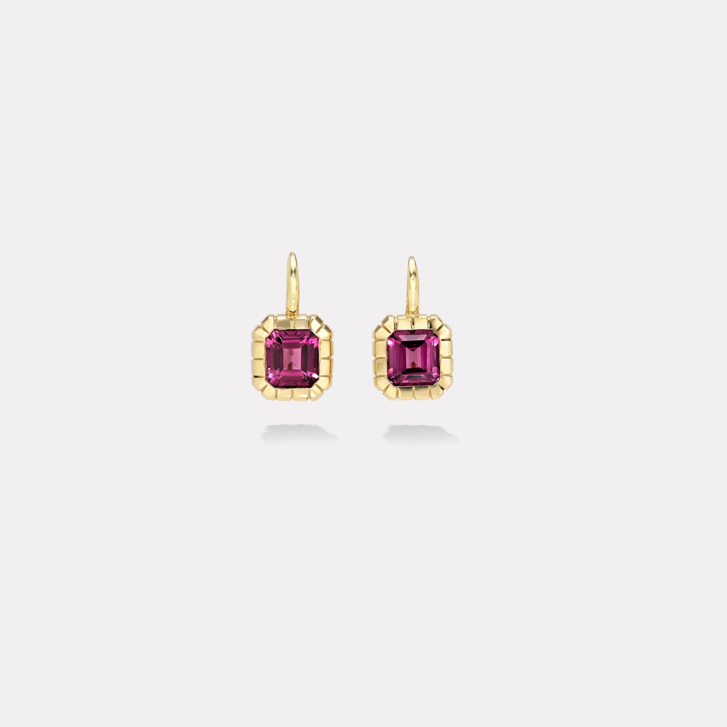 retrouvai 3.92ct Emerald Cut Rhodolite Garnet Heirloom Bezel Earrings