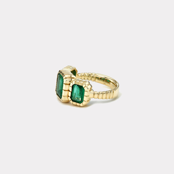 Retrouvai 3.93ct Emerald Cut Emeralds 3 Stone Heirloom Bezel Ring