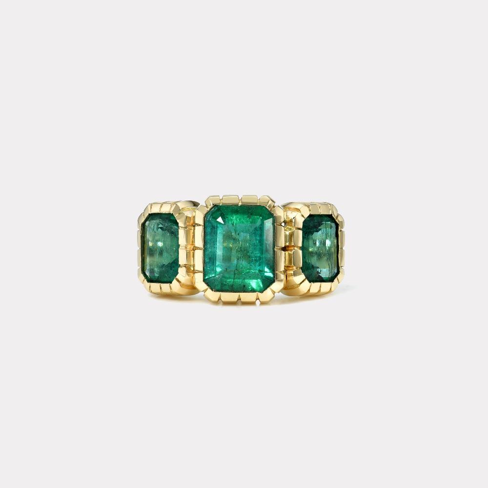 retrouvai 3.93ct Emerald Cut Emeralds 3 Stone Heirloom Bezel Ring