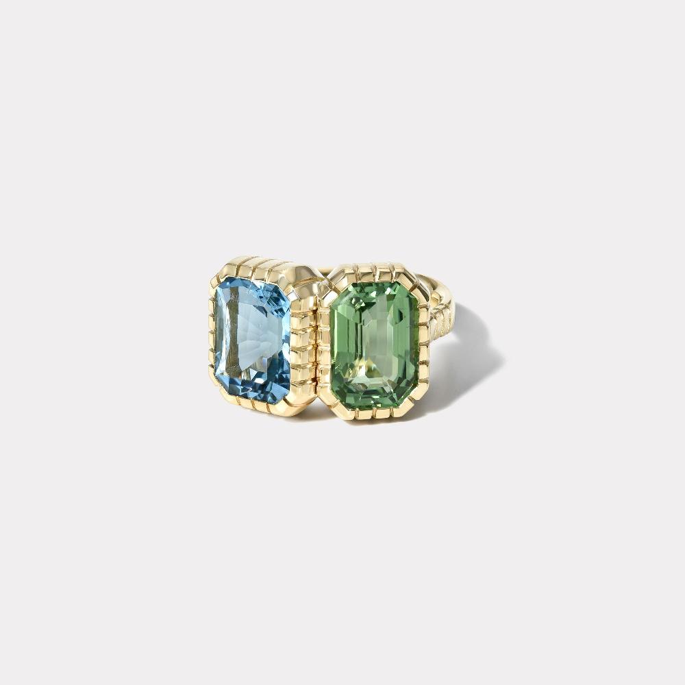 retrouvai 3.96ct Aquamarine and 3.9ct Green Tourmaline Double Stone Heirloom Bezel Ring