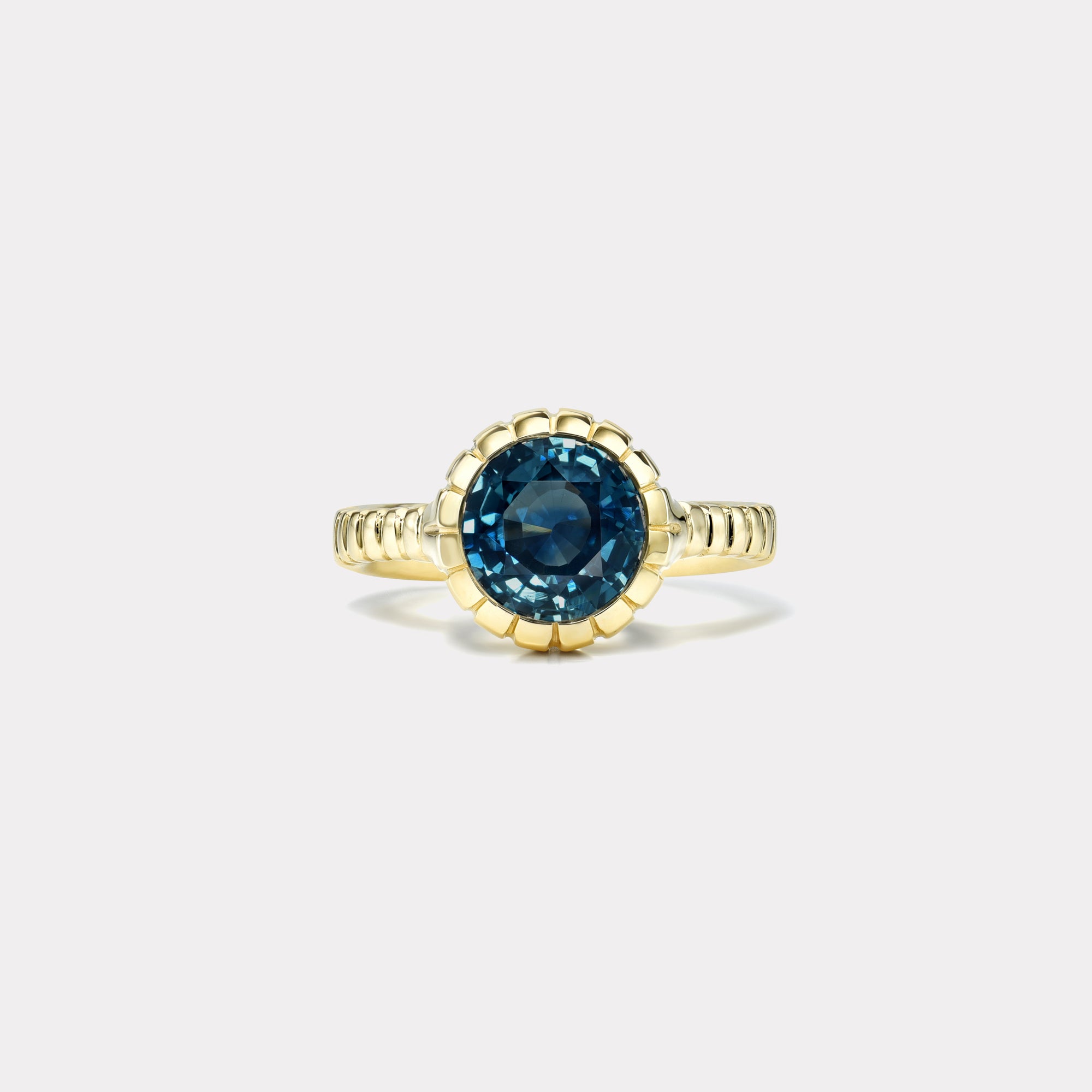 retrouvai 3ct Round Unheated Blue Sapphire Heirloom Bezel Ring