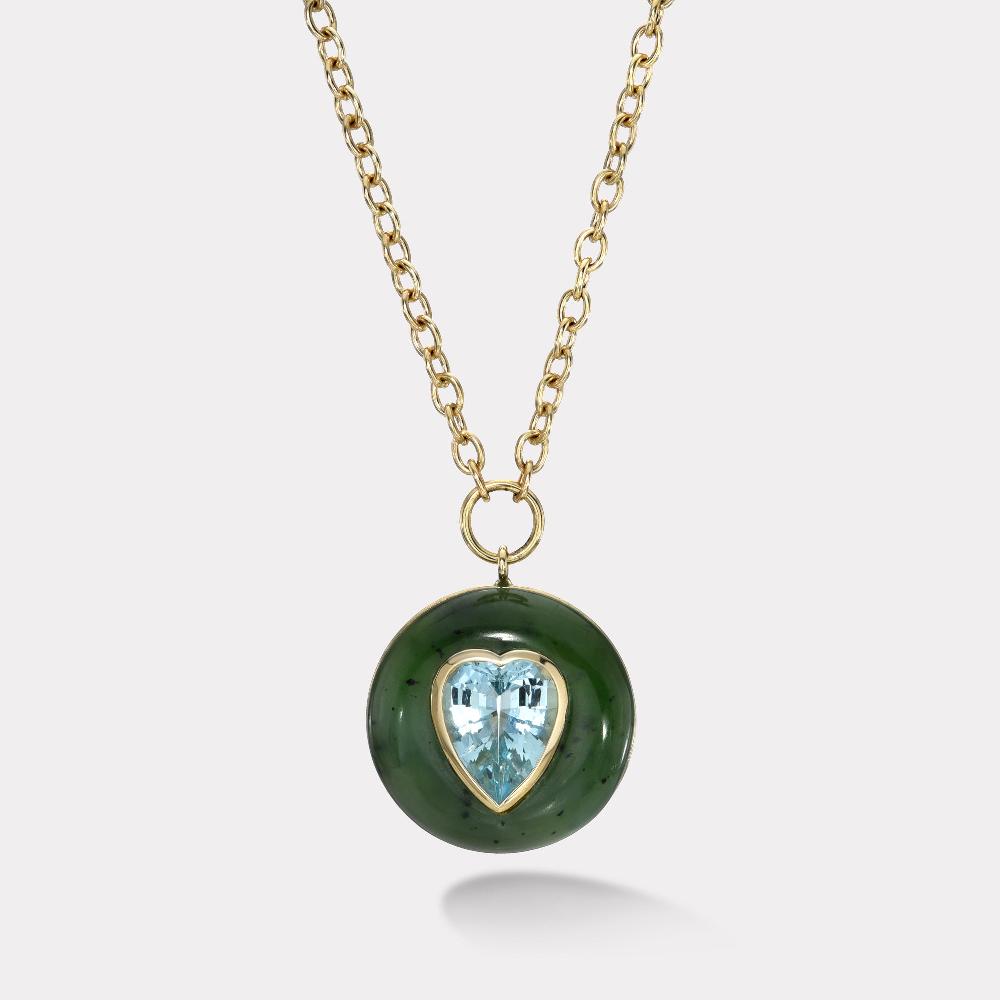 retrouvai 4.01ct Heart Aquamarine in Hand Carved Nephrite Jade Lollipop Pendant