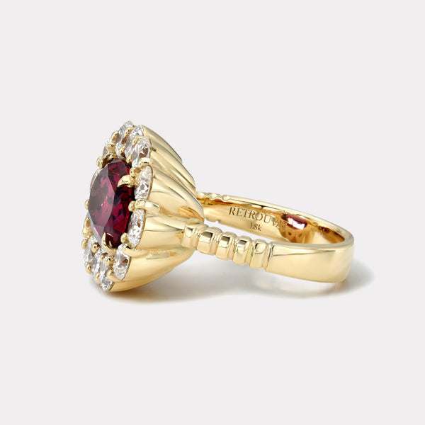Retrouvai 4.06ct Rhodolite Garnet Diamond Heirloom Bezel Ring