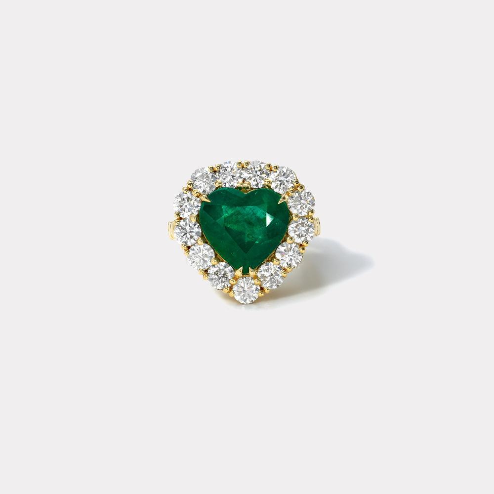 retrouvai 4.08ct Heart Emerald Diamond Heirloom Bezel Ring
