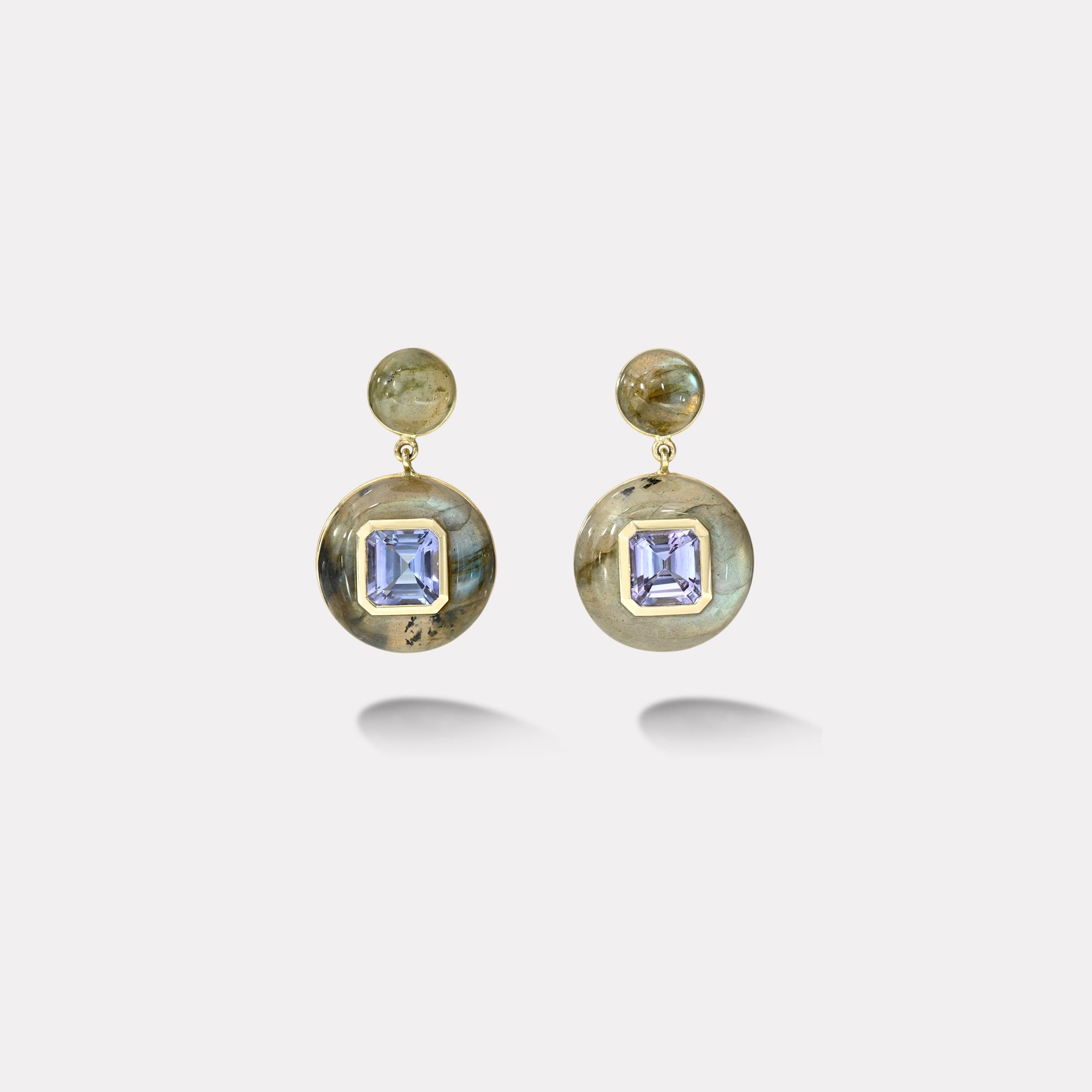 retrouvai 4.12ct Emerald Cut Tanzanites in Labradorite Lollipop Earrings