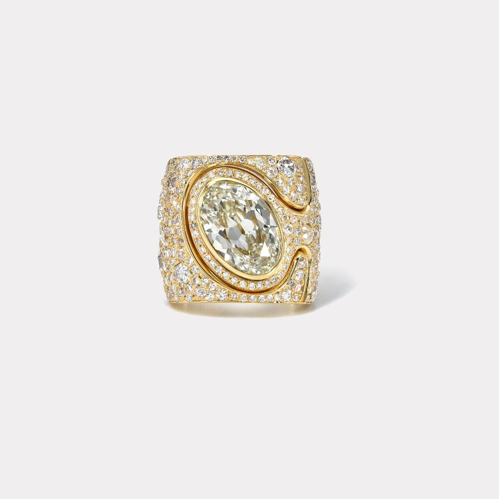 retrouvai 4.14ct Vintage Oval Diamond with Pavé Impetus Interlocking Puzzle Ring