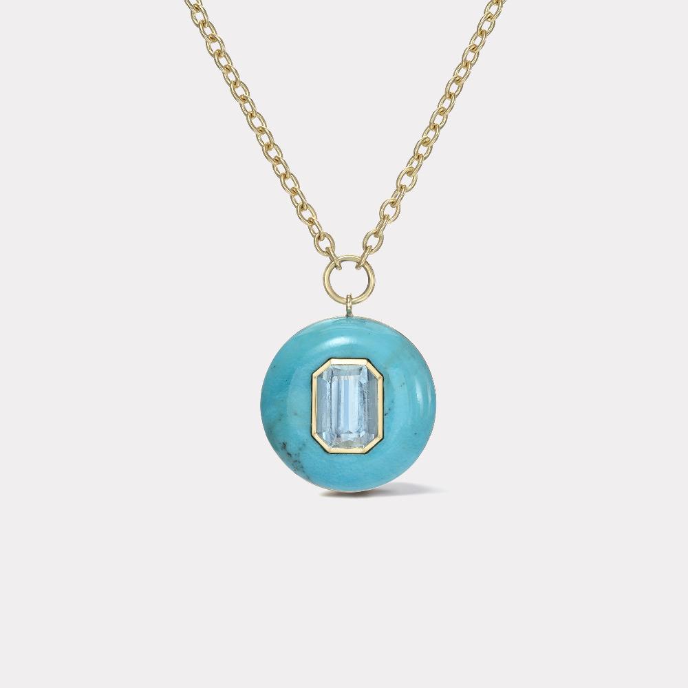retrouvai 4.18ct Emerald Cut Aquamarine in Hand Carved Turquoise Lollipop Pendant