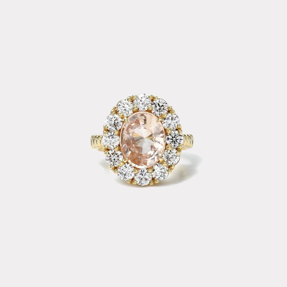 retrouvai 4.20ct Oval Peach Sapphire and Diamond Heirloom Bezel Ring