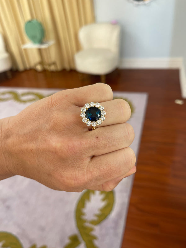 Retrouvai 4.31ct Indicolite Diamond Heirloom Bezel Ring