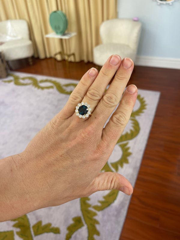 Retrouvai 4.31ct Indicolite Diamond Heirloom Bezel Ring