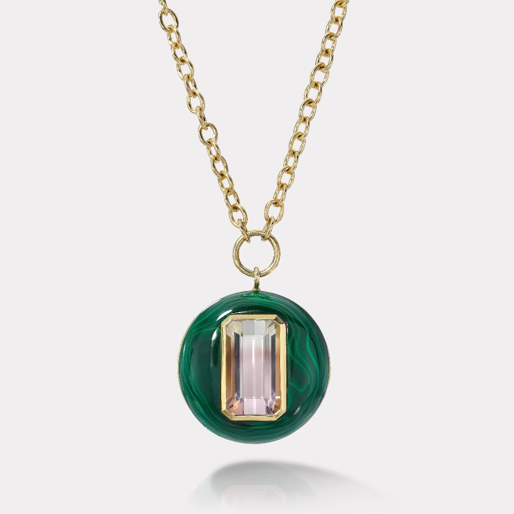 retrouvai 4.3ct Bicolor Tourmaline in Hand Carved Malachite Lollipop Pendant