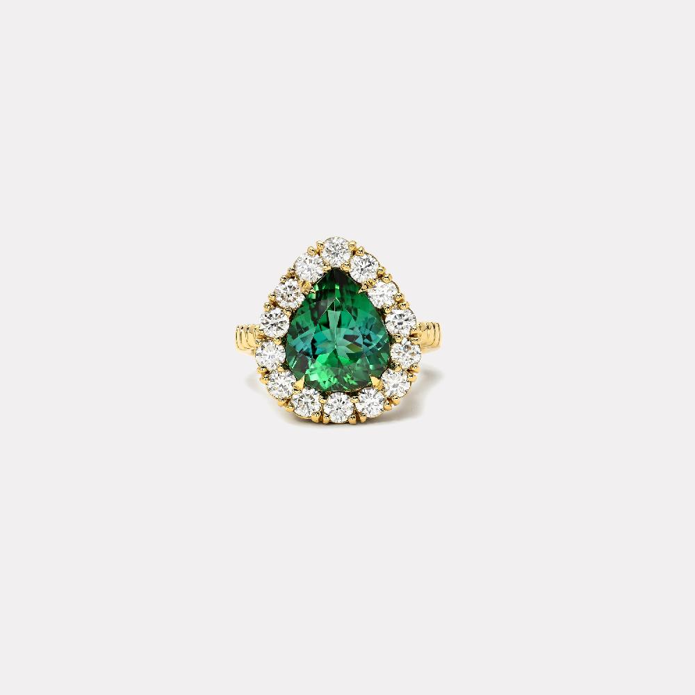 retrouvai 4.3ct Pear Green Tourmaline Diamond Heirloom Bezel Ring