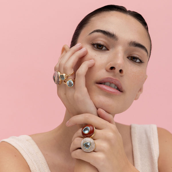 Retrouvai 4.41ct Pear Aquamarine In Hand Carved Carnelian Lollipop Ring