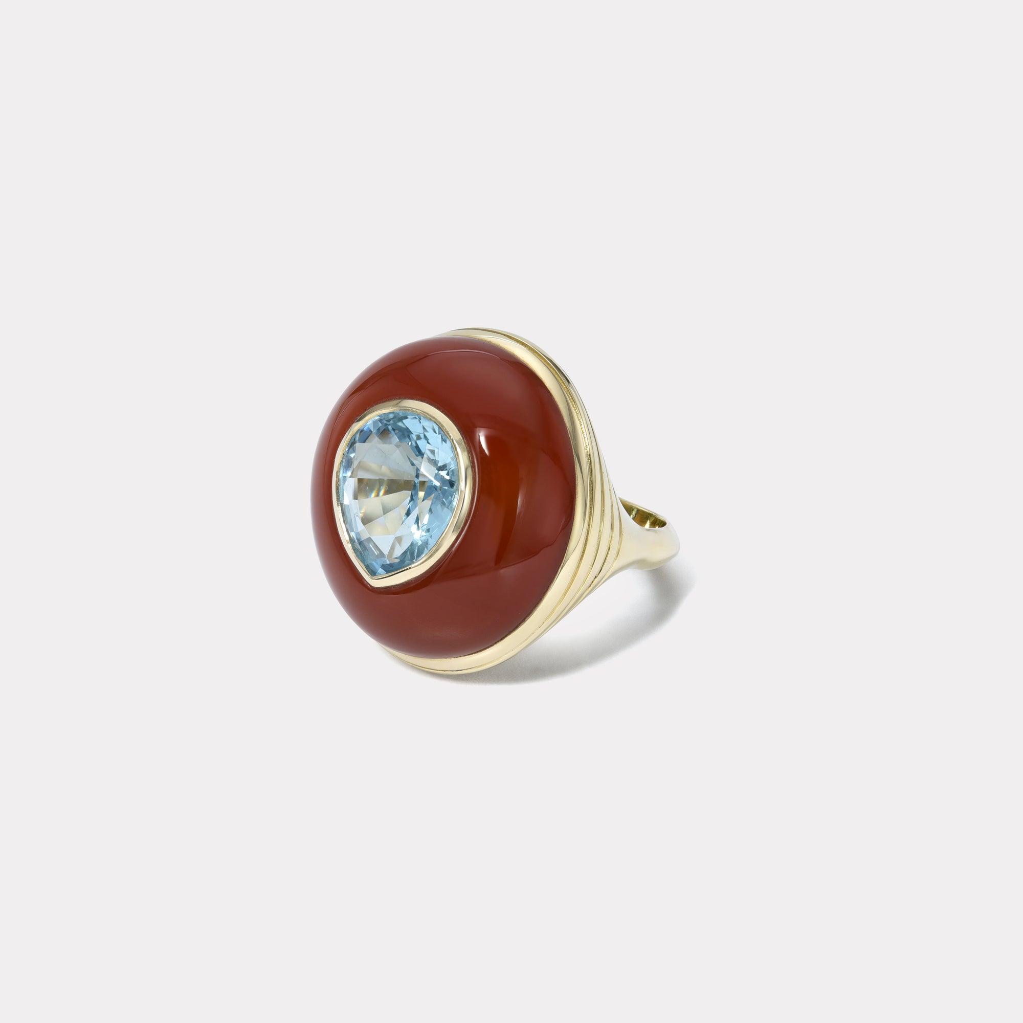 retrouvai 4.41ct Pear Aquamarine in Hand Carved Carnelian Lollipop Ring
