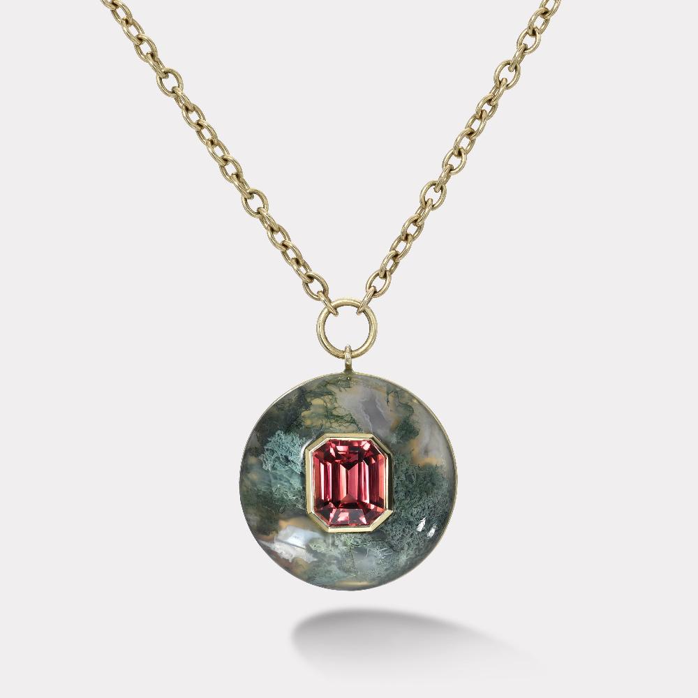 retrouvai 4.43ct Red Tourmaline in hand carved Moss Agate Lollipop Pendant