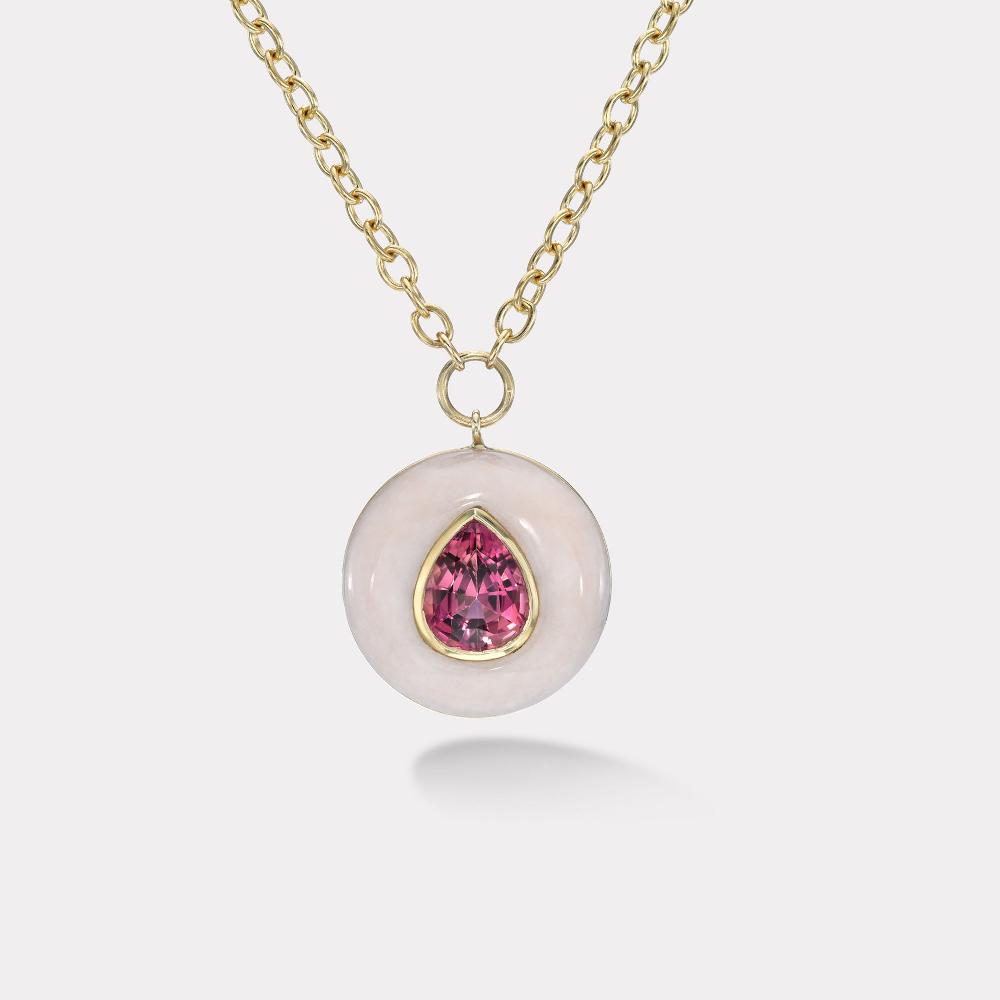 retrouvai 4.45ct Pink Tourmaline in Hand Carved Pink Opal Lollipop Pendant
