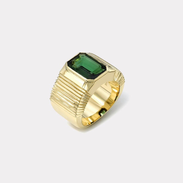 Retrouvai 4.49ct Emerald Cut Green Tourmaline Pleated Solitaire Band