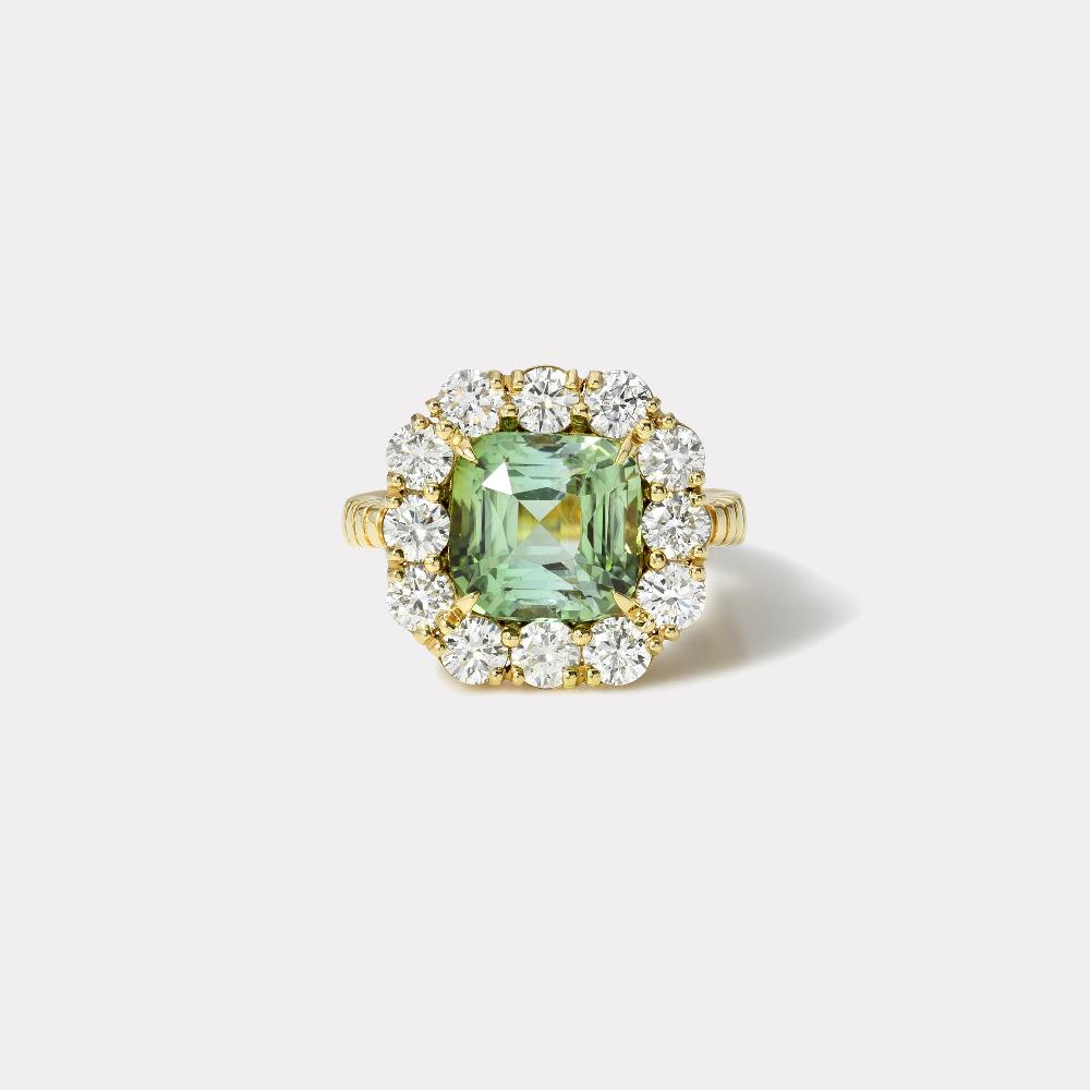 retrouvai 4.55ct Cushion Green Tourmaline Diamond Heirloom Bezel Ring