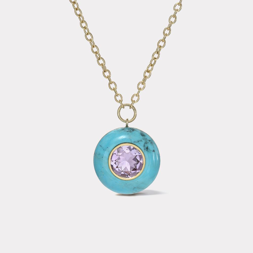 retrouvai 4.65ct Round Amethyst in Hand Carved Turquoise Lollipop Pendant