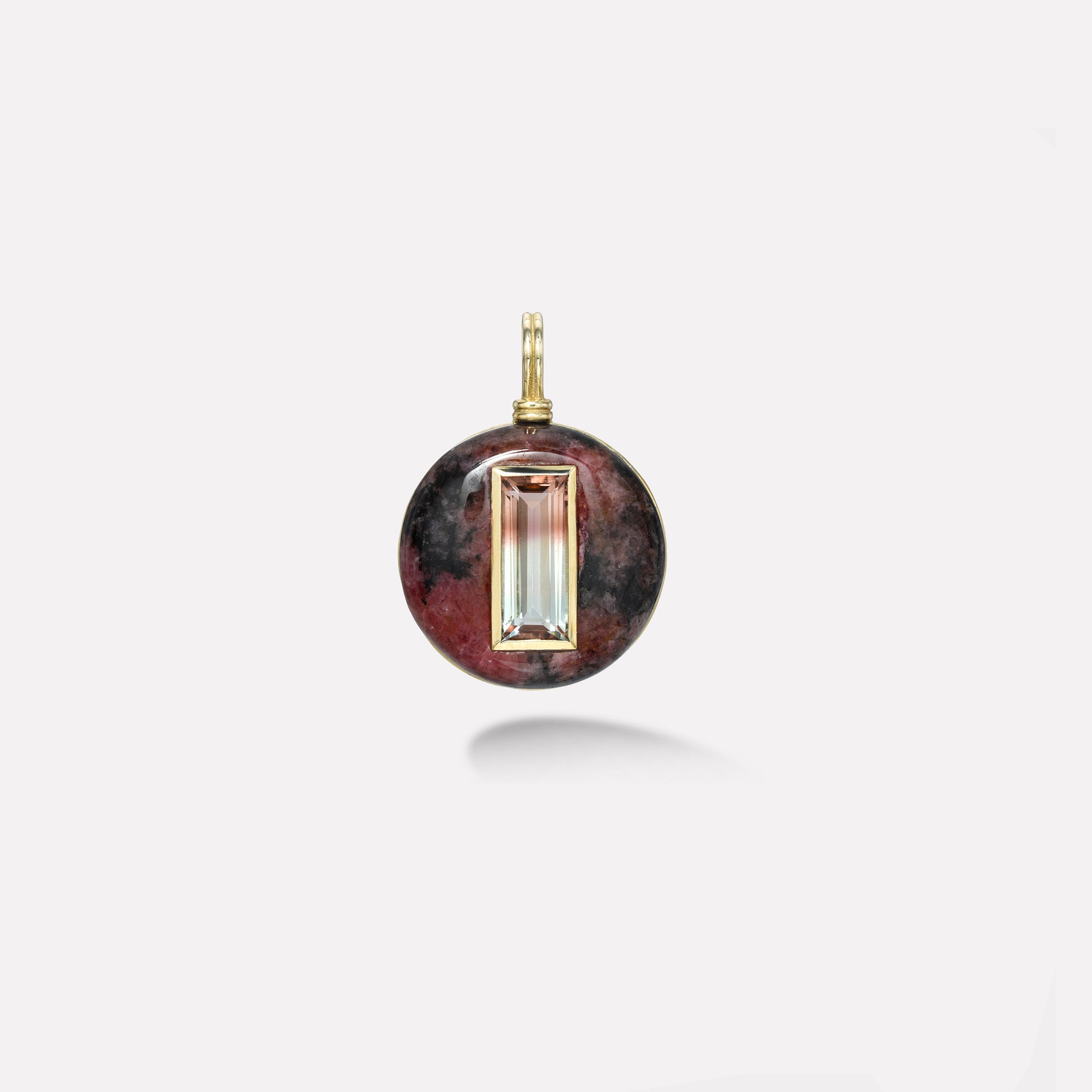 retrouvai 4.69ct Emerald Cut Bicolor Tourmaline in Hand Carved Rhodonite Lollipop Charm