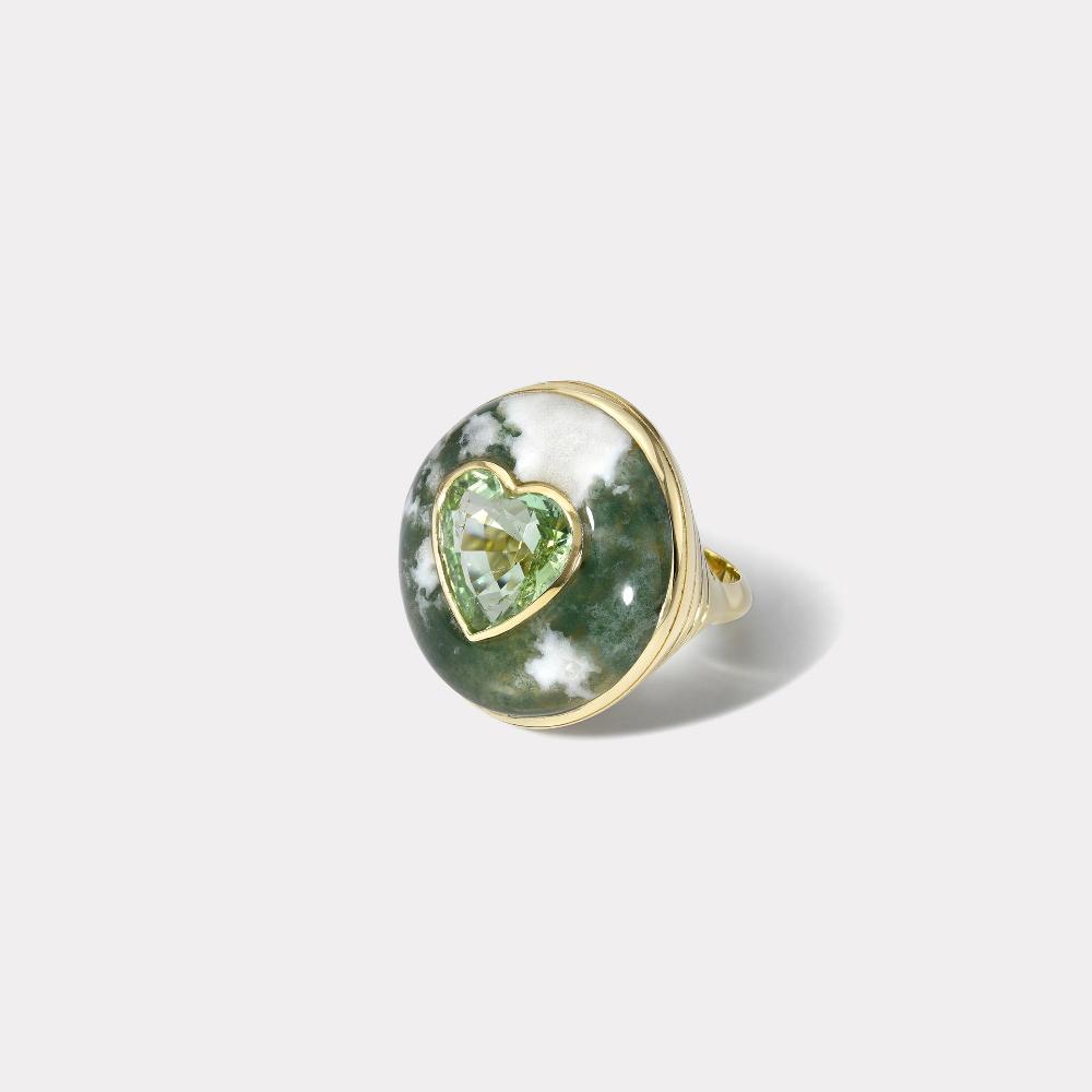 retrouvai 4.72ct Green Tourmaline Heart in Hand Carved Spotted Green Agate Lollipop Ring