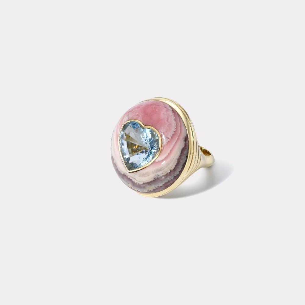retrouvai 4.86ct Aquamarine Heart in Hand Carved Rhodochrosite Lollipop Ring